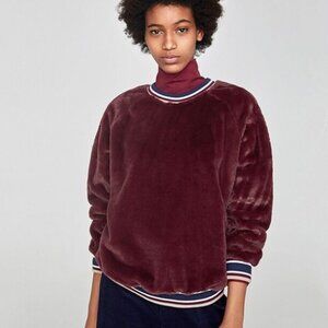 ZARA Burgundy Faux fur sweater with Blue stripes - Womens size Medium